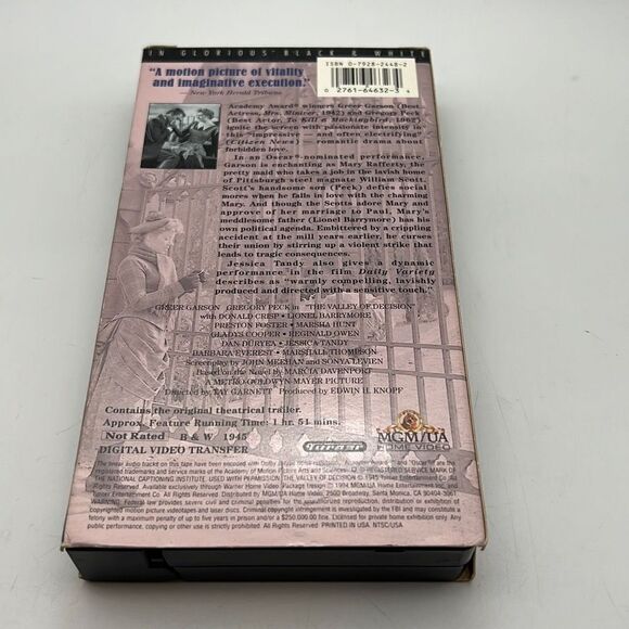1994 THE VALLEY OF DECISION 1945 MGM VHS TAPE STARRING GREGORY PECK - Picture 2 of 3